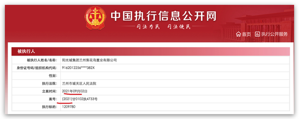 陽(yáng)光城集團(tuán)蘭州梨花島置業(yè)被列為被執(zhí)行人，執(zhí)行標(biāo)的約121萬(wàn)元